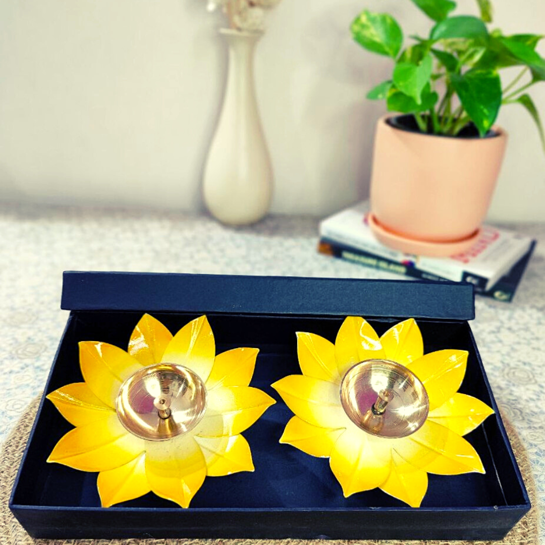 Homefrills Handicraft Brass Yellow Colour Kamal Flower Pure Brass Stand Diya Combo for Puja Decoration Aarti Diwali and Festivals Diya(Set of 2)Size-5 Inch